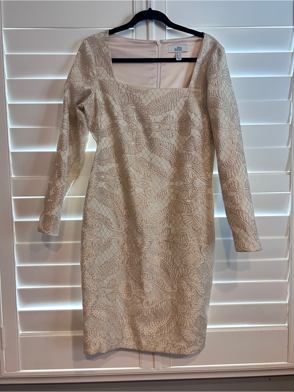 Belle by Badgley Mischka Jacquard Metallic Square Neck Dress Cream Gold 12